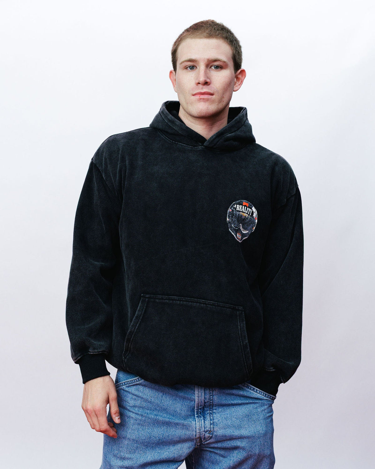 Reality Helmet Hoodie, on model