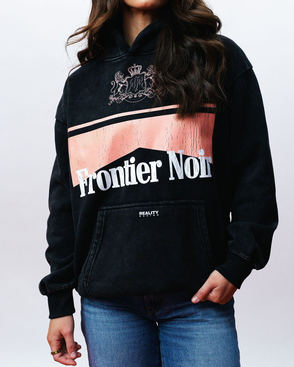 Pink Frontier Noir Hoodie, on model