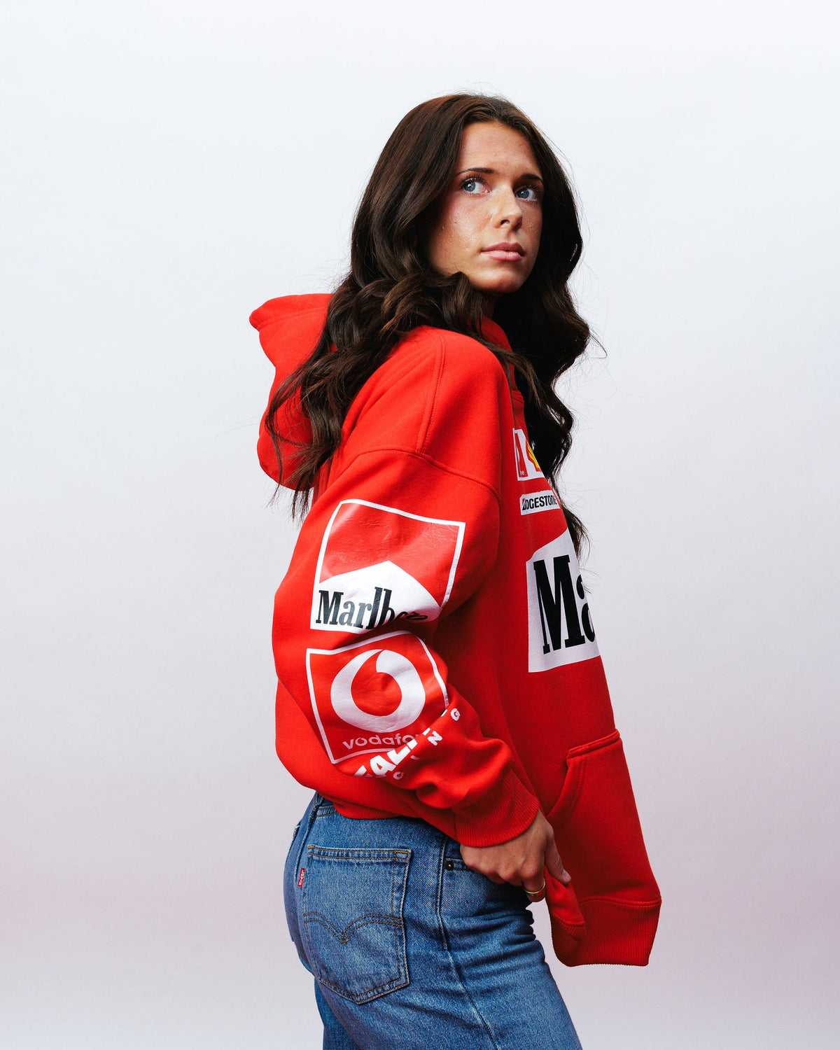 Red Racing Inspired Hoodie, on model