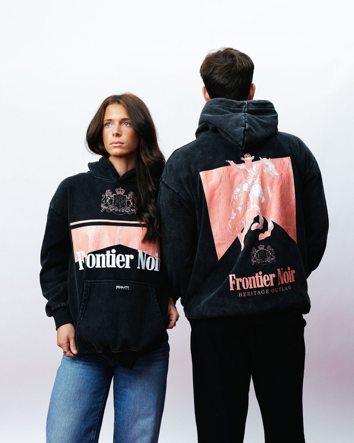 Pink Frontier Noir Hoodie, on model