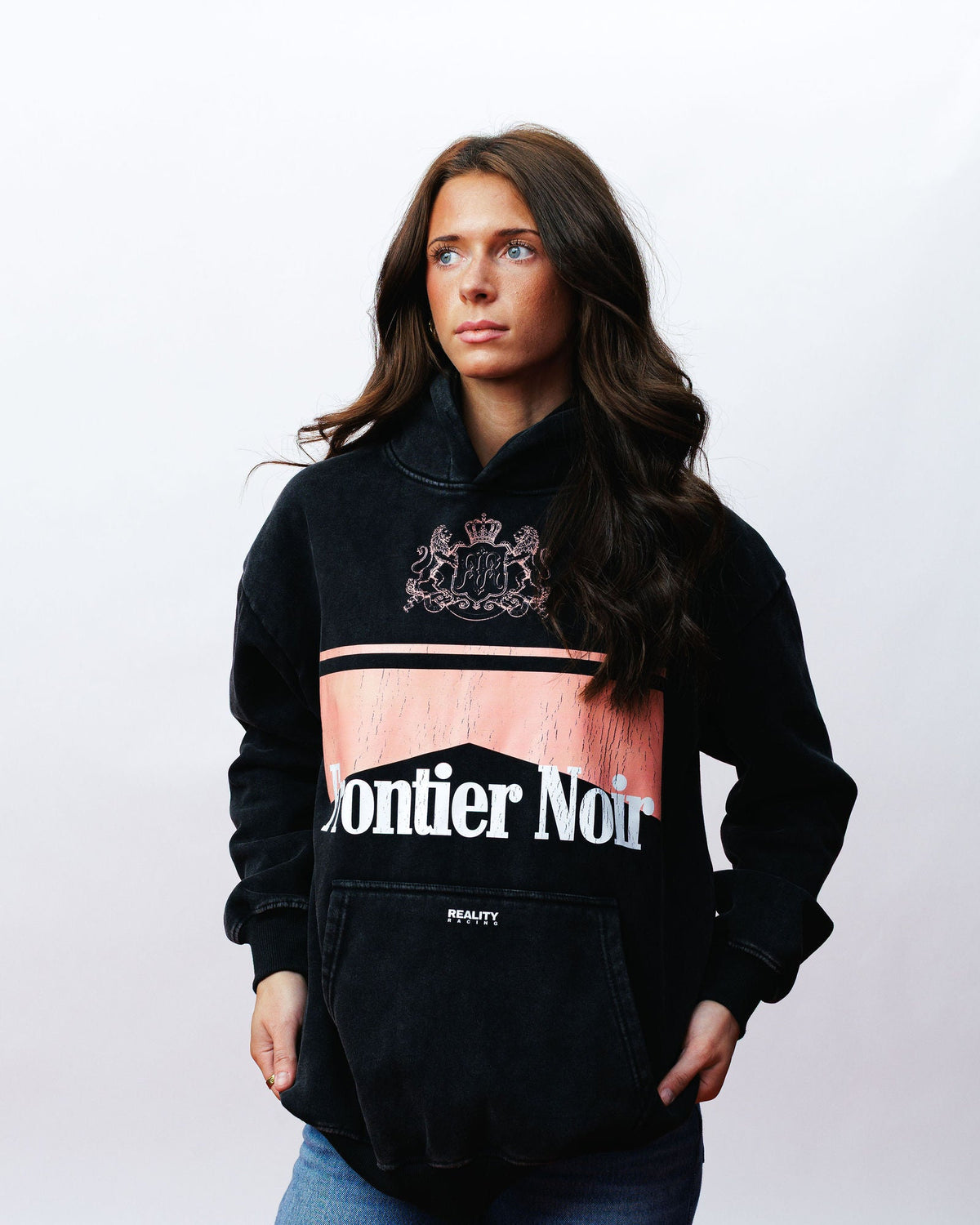 Pink Frontier Noir Hoodie, on model