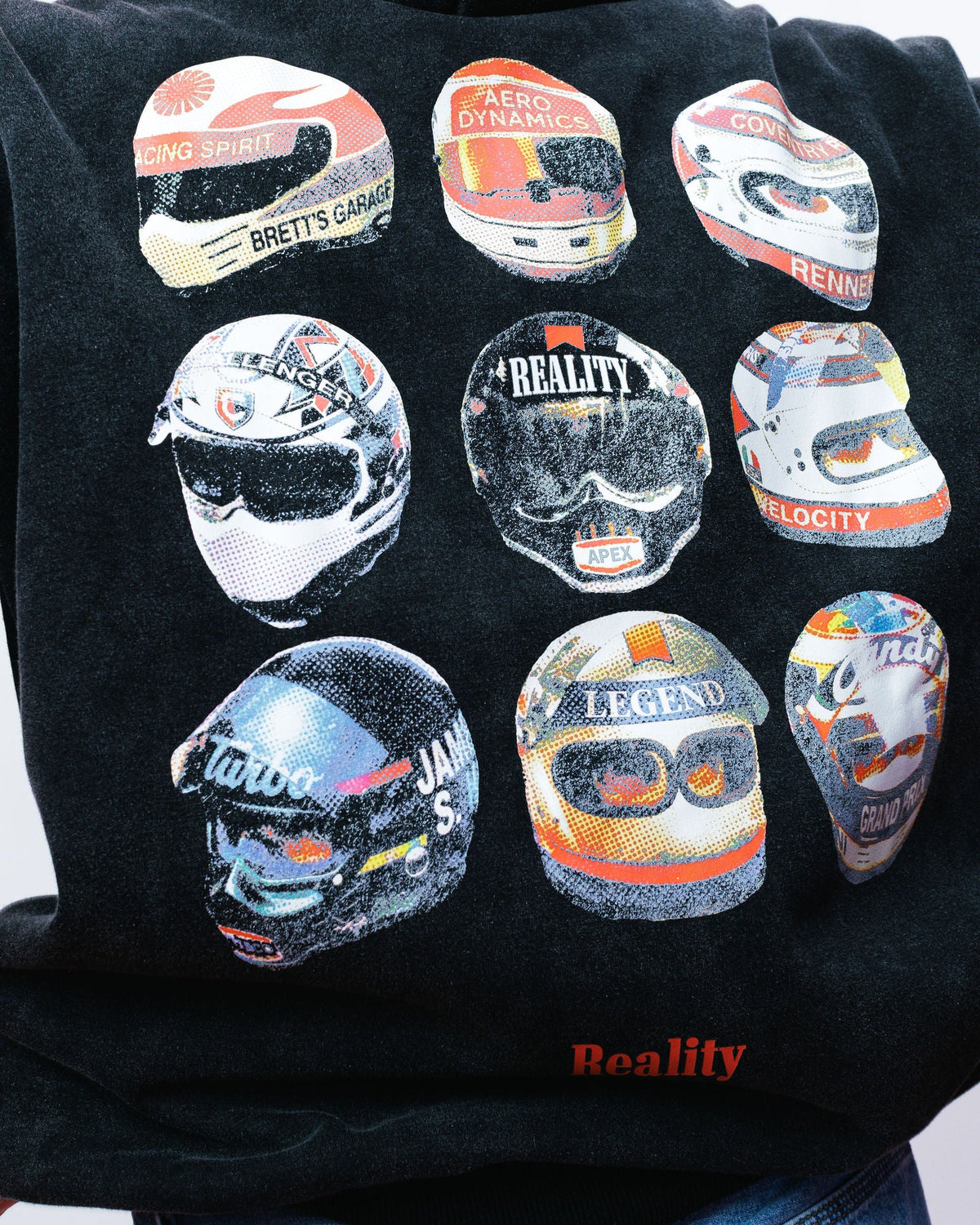 Reality Helmet Hoodie, on model