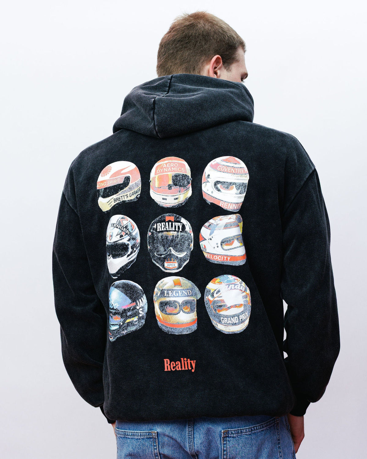 Reality Helmet Hoodie, on model