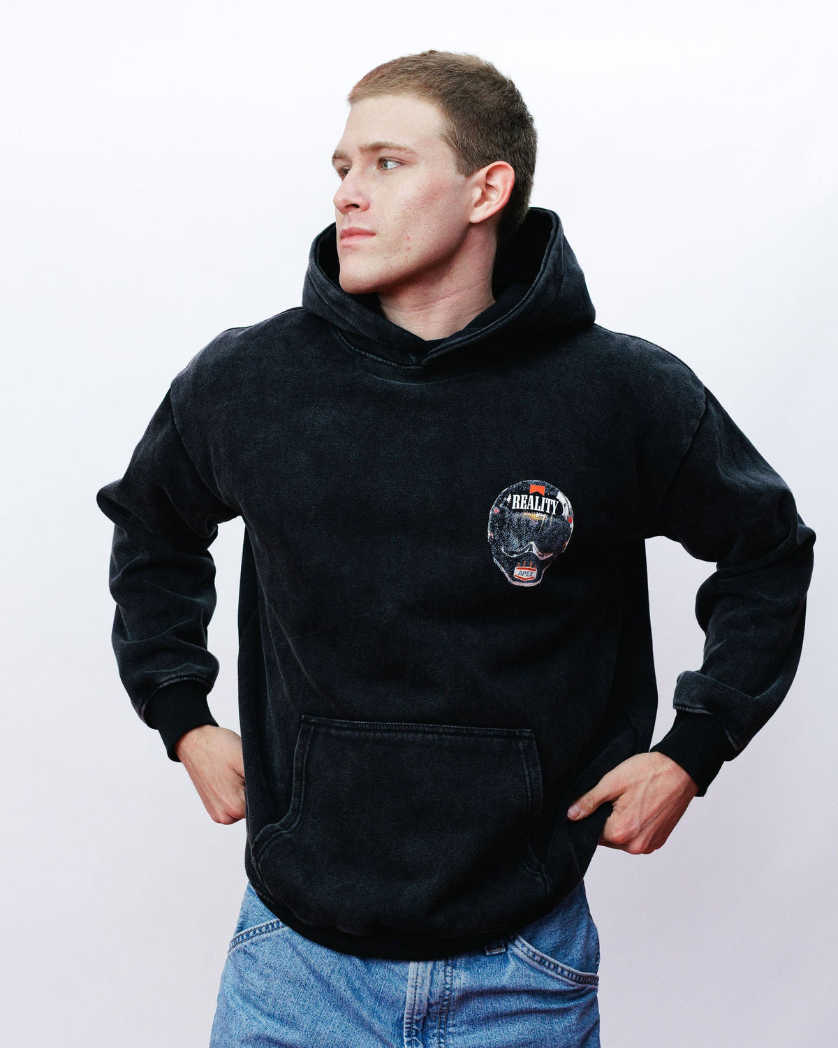 Reality Helmet Hoodie, on model