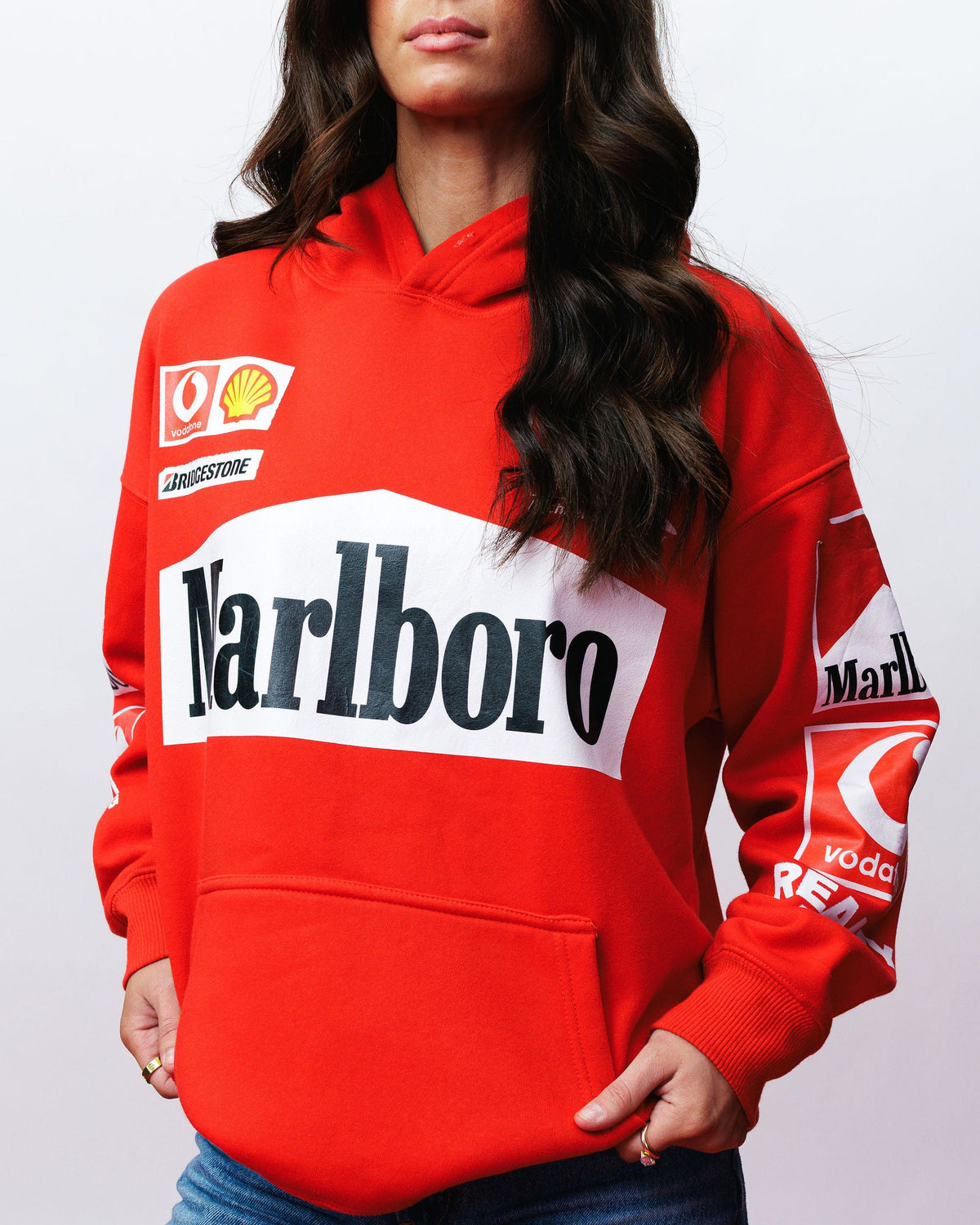 Red Racing Inspired Hoodie, on model