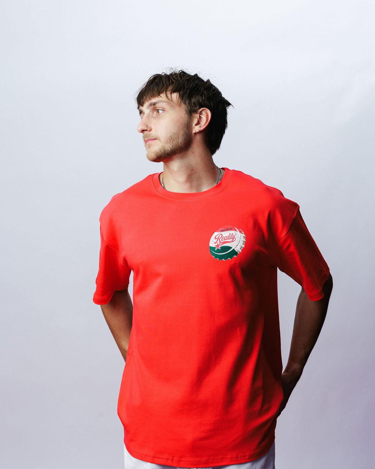 Reality Bottle Cap Tee, on model